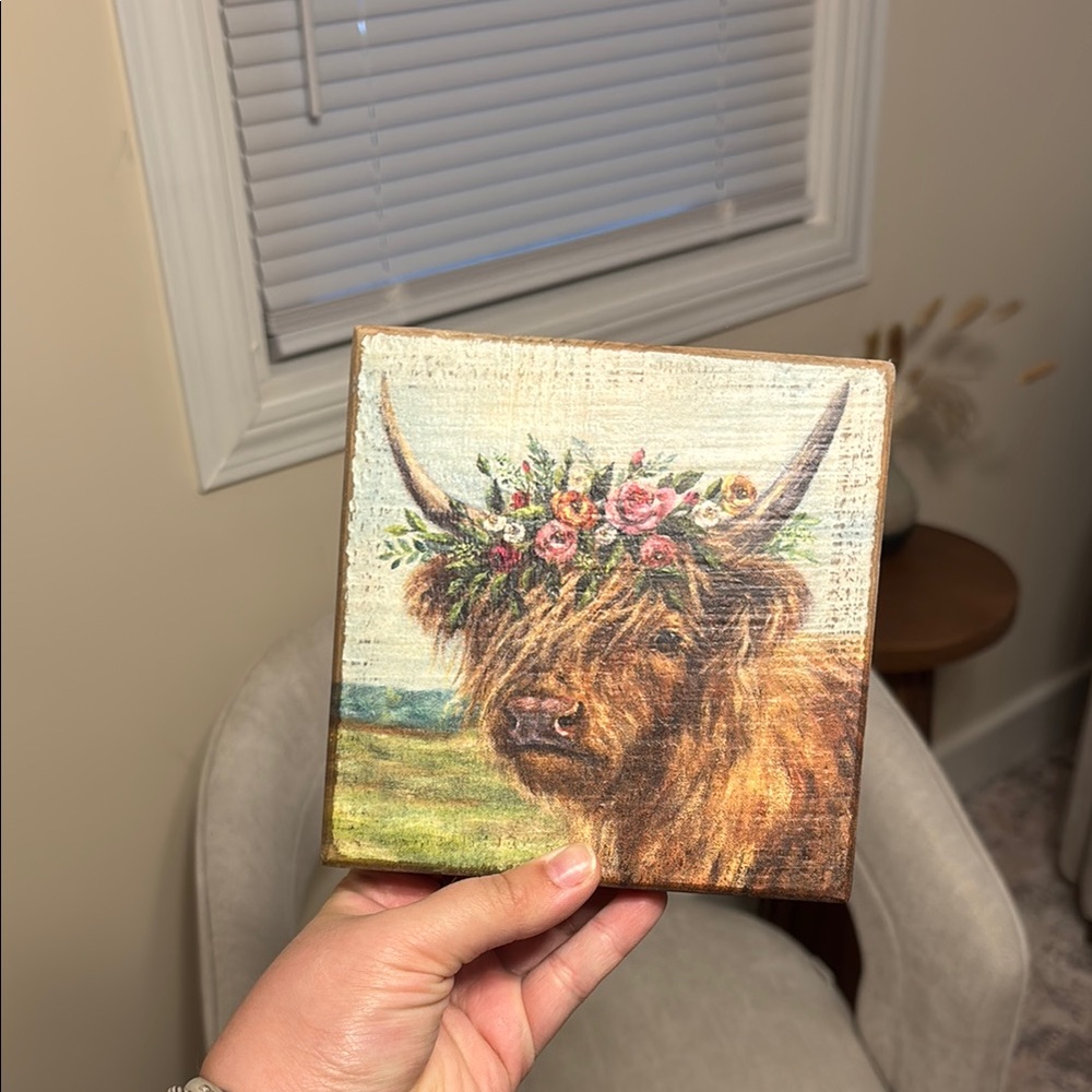 Floral Highland Cow Canvas Art - Brown and Green